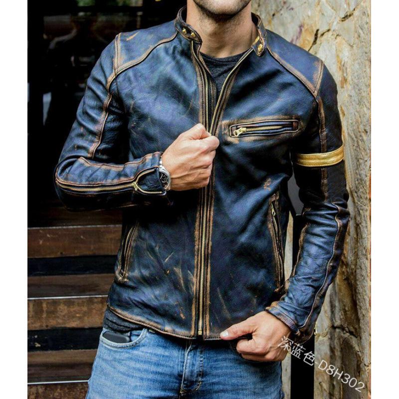 European & American Men's Stand Collar Punk Motorcycle Leather Jacket for Teens and Adults