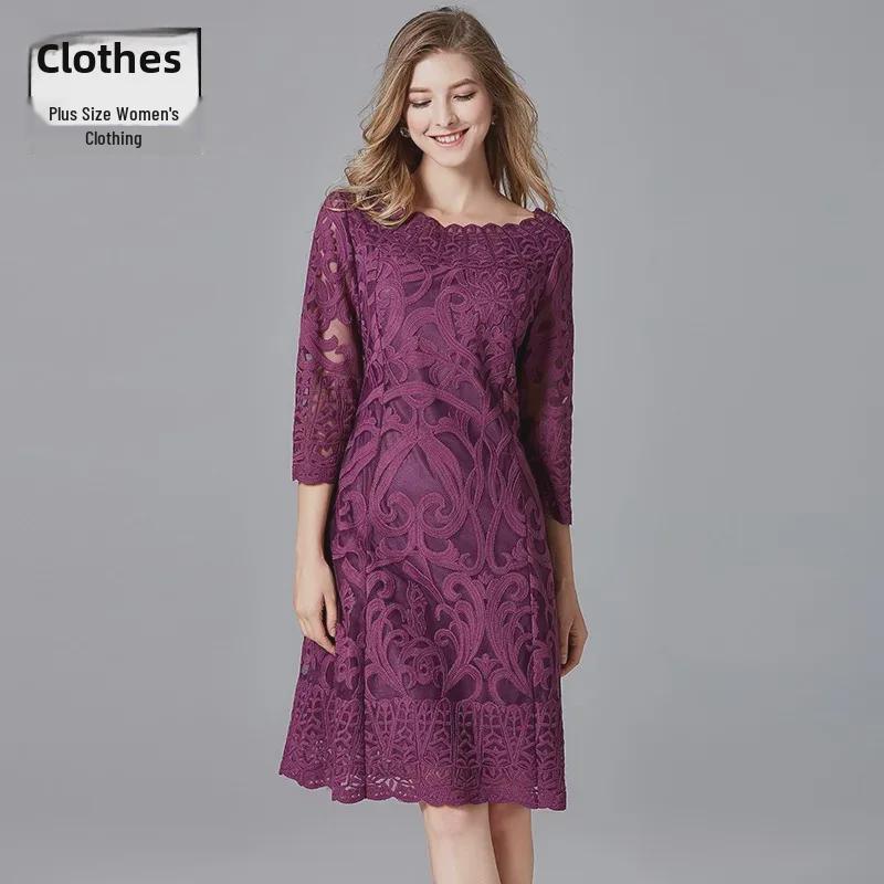 

Versatile Embroidered Sequin Lace Dress - Spring/Autumn Plus Size Casual Fit X-Large