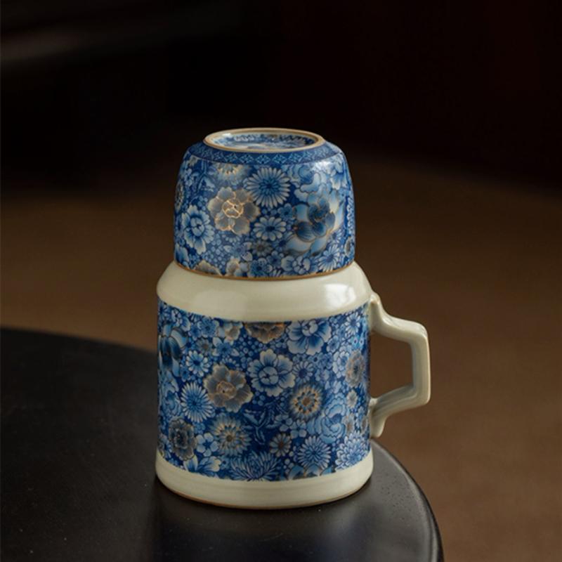 Chinese Ru Kiln Ceramic Tea Cup Mug with Lid and Strainer Retro Handmade Thermos Cup Tea Water Separation Cup Travel Teaware