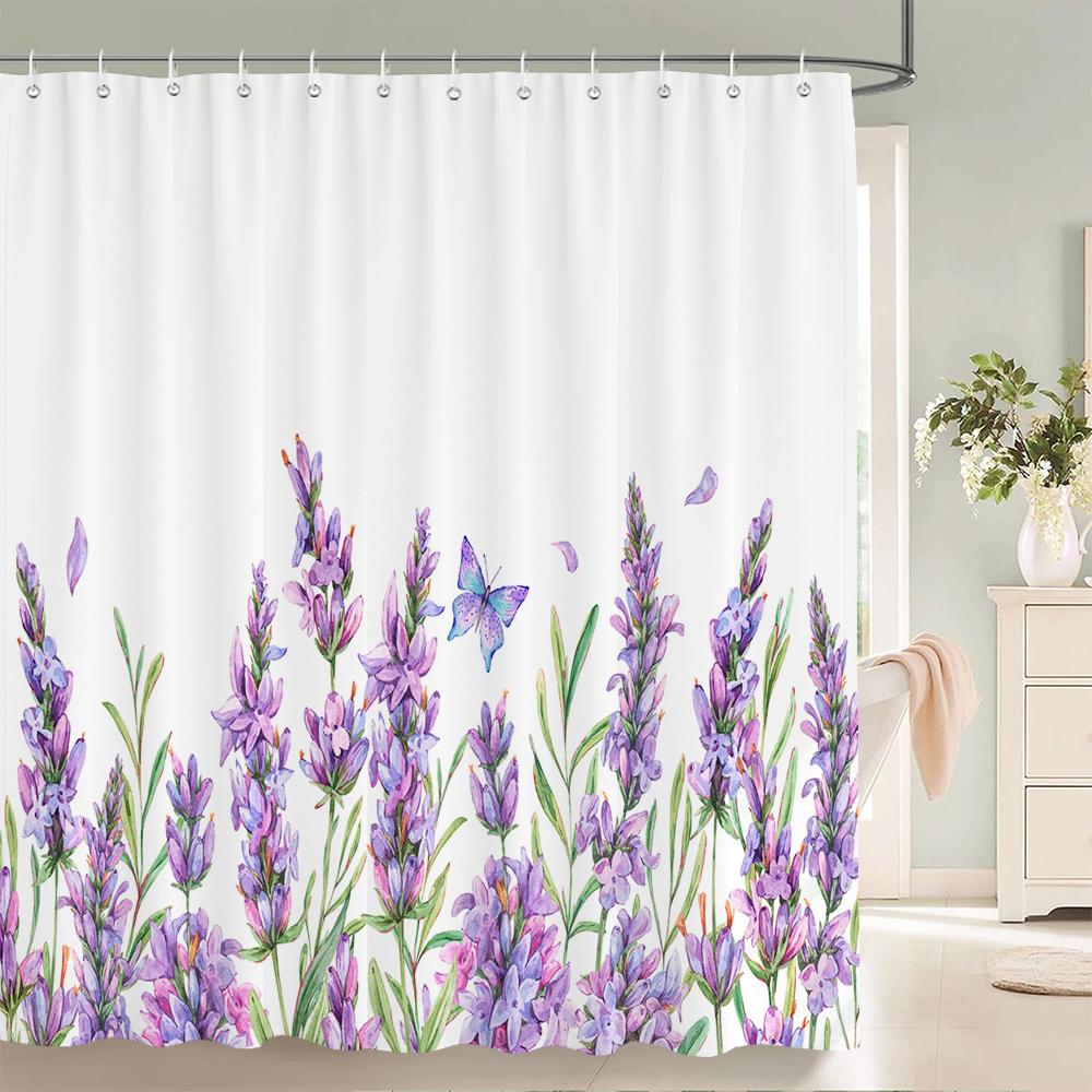 Lavender Shower Curtains Watercolor Purple Floral Plant Waterproof Polyester Bathroom Bathtub Curtain Room Decor With Hooks