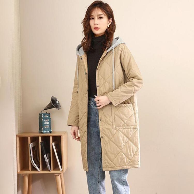 

Autumn Women Casual Jacket Loose Hooded Cotton Tops with Pockets Big Button Sandwich Style M бежевый