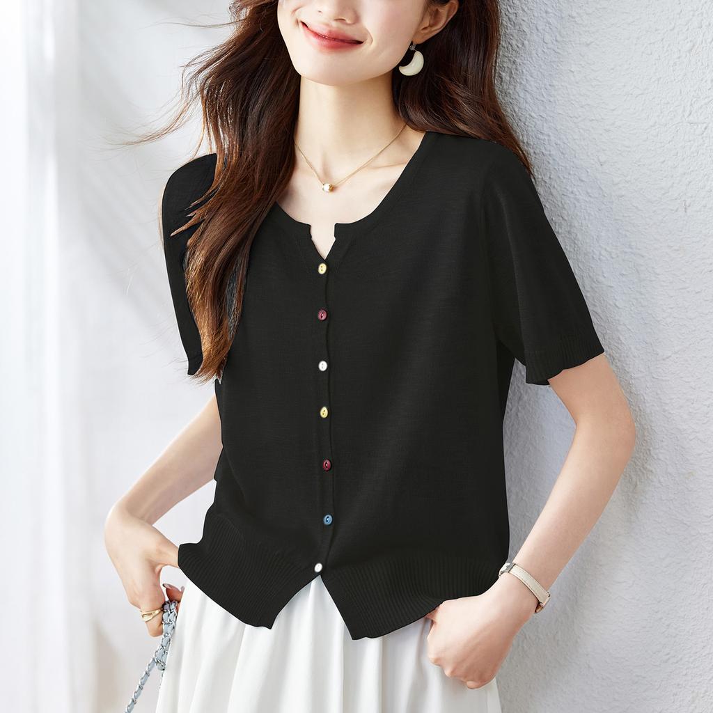Summer Ice Silk Thin Knitted Cardigan for Women Wearing Short and Versatile Comfortable T-shirt Unique and Exquisite Top