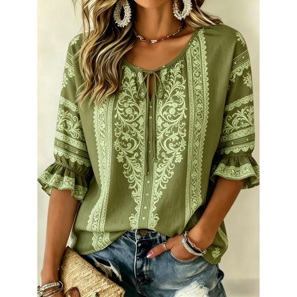 Women's Beige Ethnic Floral Print Tie Front Blouse, Casual Loose Top for Spring Summer Daily Wear
