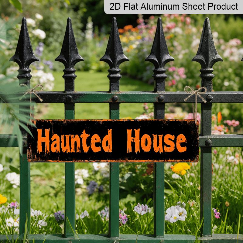 2D Flat 1pc of Vintage Gothic Haunted House Metal Sign - Large 15.7×3.94inch Horror Themed Distressed Font and Bold White Letters - Heavy-alumium