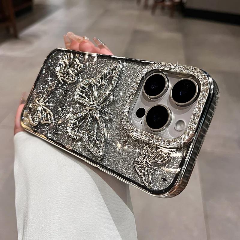 Süßes Cartoon 3D Schmetterling Diamant Hülle für Für Iphone 16 1 14 13 12 11 Pro Max Plus Glitzer Farbverlauf Beschichtung Weiche Stoßfeste Abdeckung