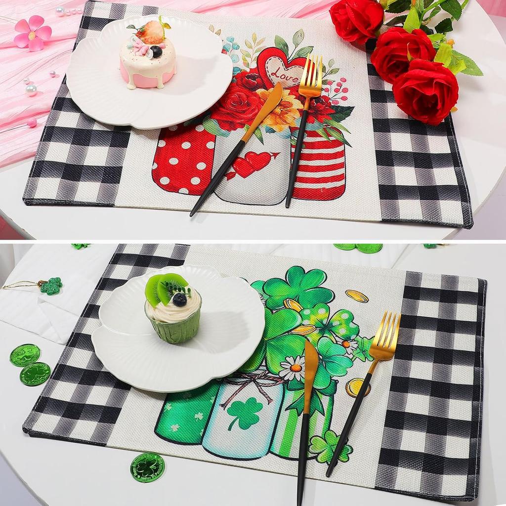 Valentine's Day Buffalo Plaid Placemats Set of 4 Double Sided St Patricks Day Valentines Placemats Decoration Set Farmhouse Table Holiday