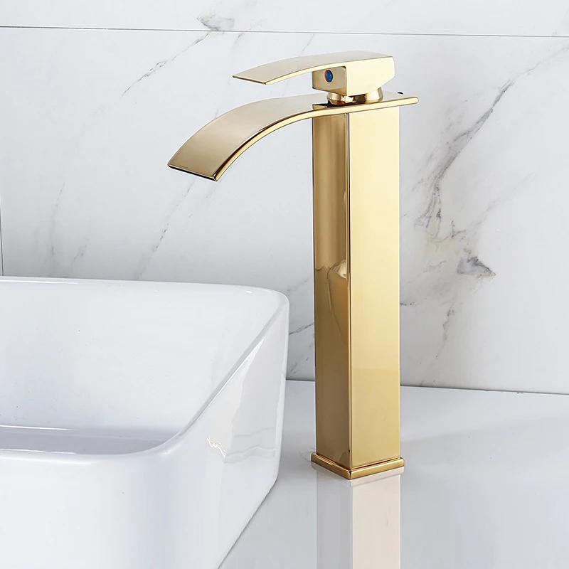 Black Waterfall Bathroom Basin Faucet Waterfall Spout Vanity Sink Mixer Tap Brush Gold Sink Faucet Tall short Style Chrome Gray