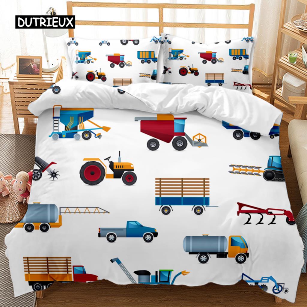Housse de couette pour voiture d'ingénierie Ensemble de literie pour véhicule de construction Excavatrice pour garçons Camion à benne basculante Malaxeur à béton Rouleau Housse de couette en polyester