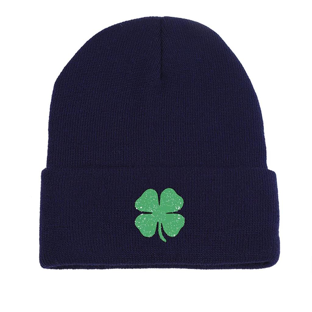 Green Four Leaf Shamrock Warm Knit Cap Beanie, St. Patrick's Day Man Cap Autumn Winter Casual Pompom Beanies Knitted Hat Beanie