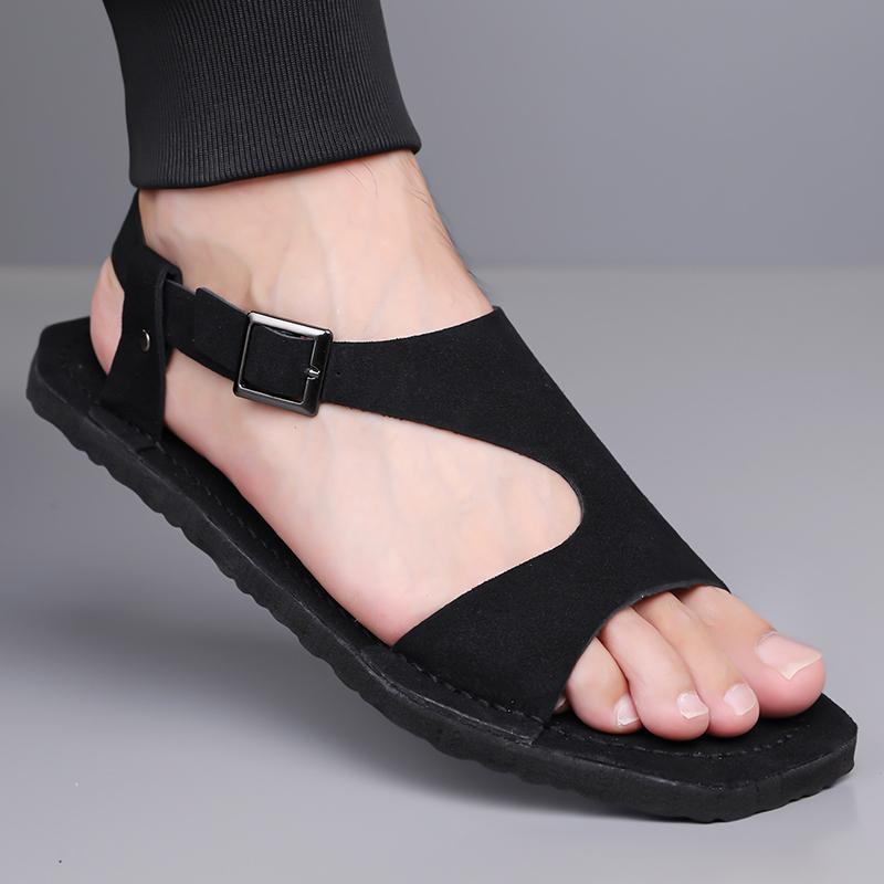 Men Black Sandals Slippers Handmade Simple Flats Summer Roman Sandals Open Toe Beach Shoes Plus Size