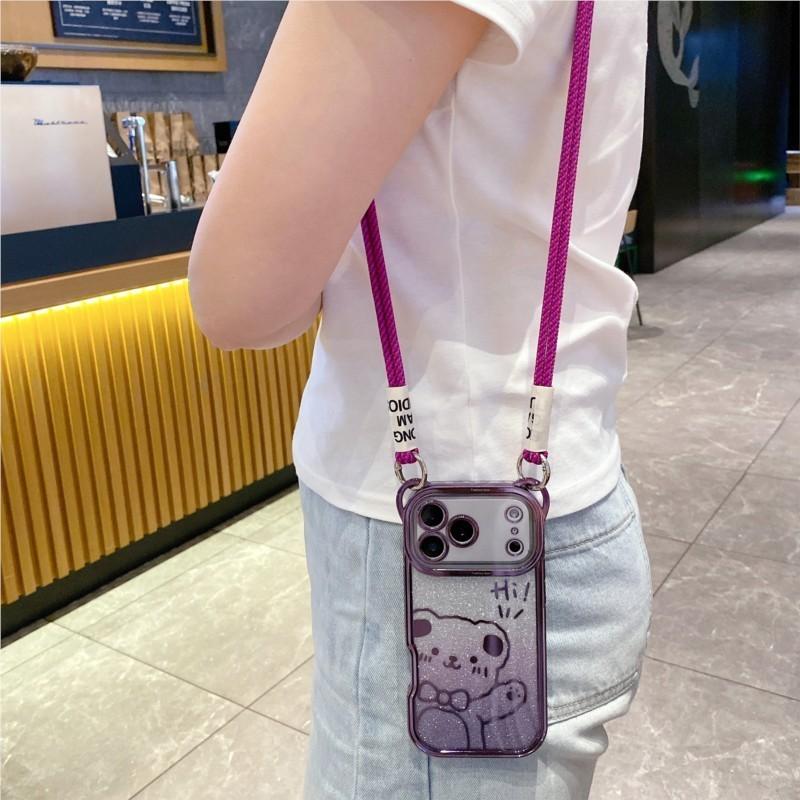 Cute Bear Ear Plating Crossbody Strap To Phone Case For iPhone 17 16 15 14 13 12 11 Pro Max X Xs Max 7 8 Plus 17Air Cover Girl