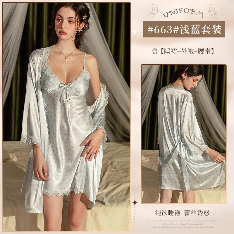 Sexy women's pajamas premium pure lace suspender nightdress with chest pad long-sleeved loungewear set