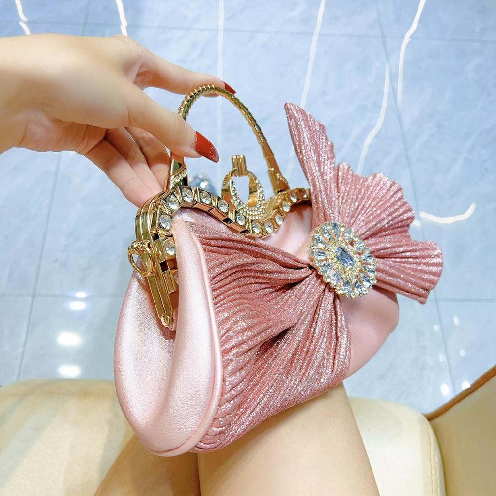 2025 Luxury Women French Shiny Bow Wedding Party Evening Handbag Fashion Designer Handmade Diamond-encrusted Banquet Clutch Bag