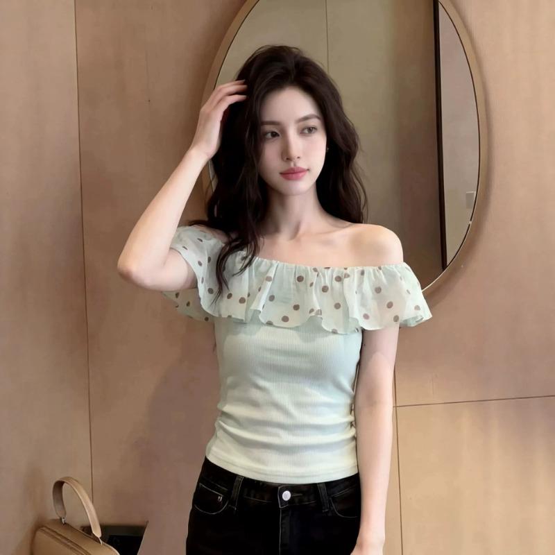 Women Off-shoulder Polka Dot Top Ruffle Trim Form-fitting Casual Short Sleeve Blouse