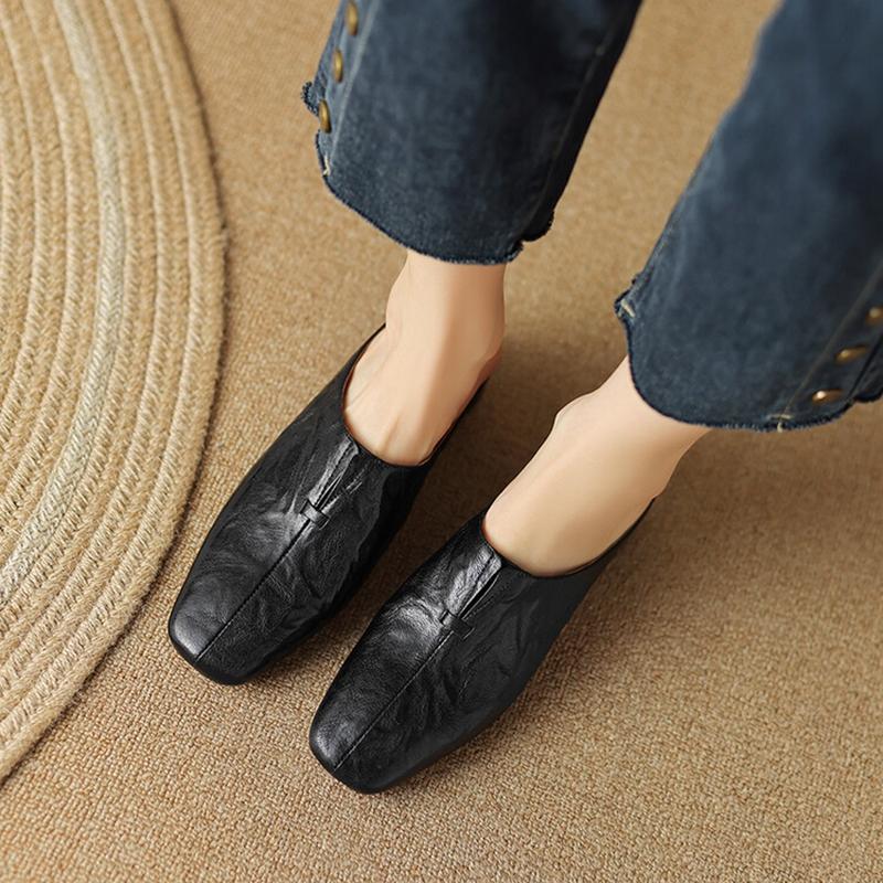 Fashion Genuine Leather Shoes Women Square Toe Chunky Heel Women Mules Concise Sheepskin Women Slippers Black Handmade Shoes for Women