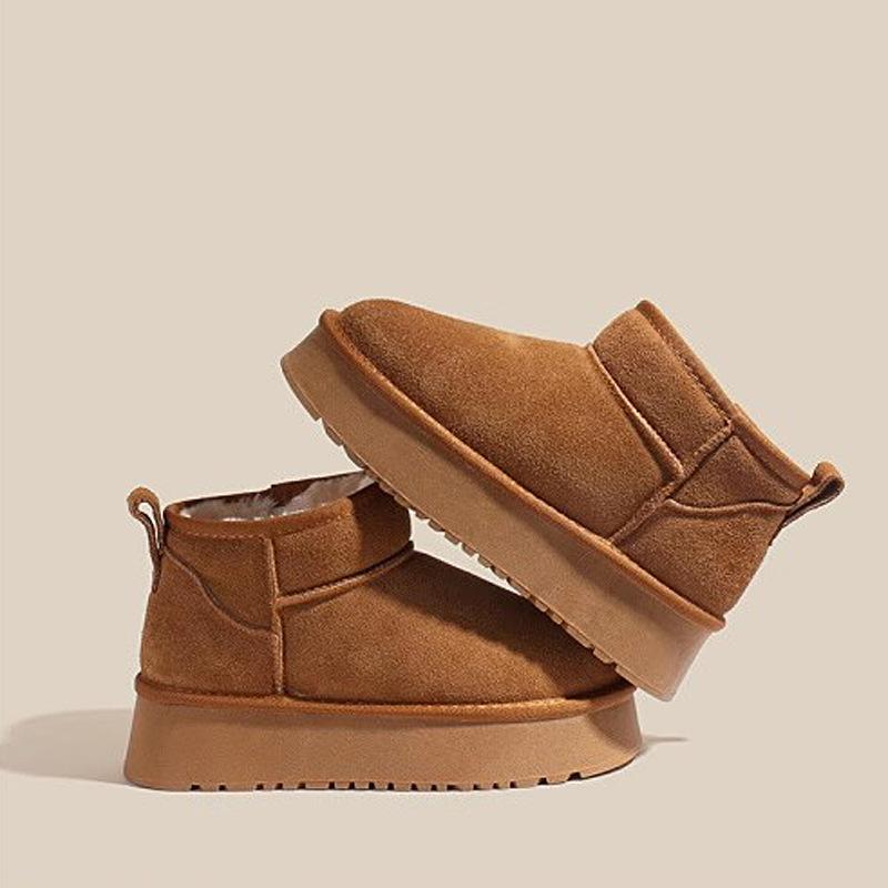 New Genuine Leather Elevator Thick-Soled Fur Snow Boots for Women Fleece-lined Thickened Non-Slip Warm Ankle Boots