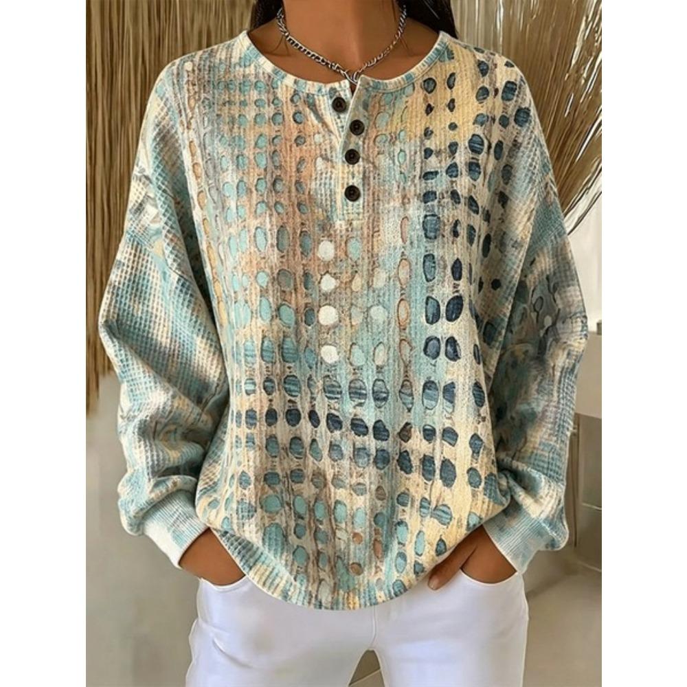 Women'S Four-Button Waffle Top, Waffle Long Sleeve Round Neck Henley Sweatshirt