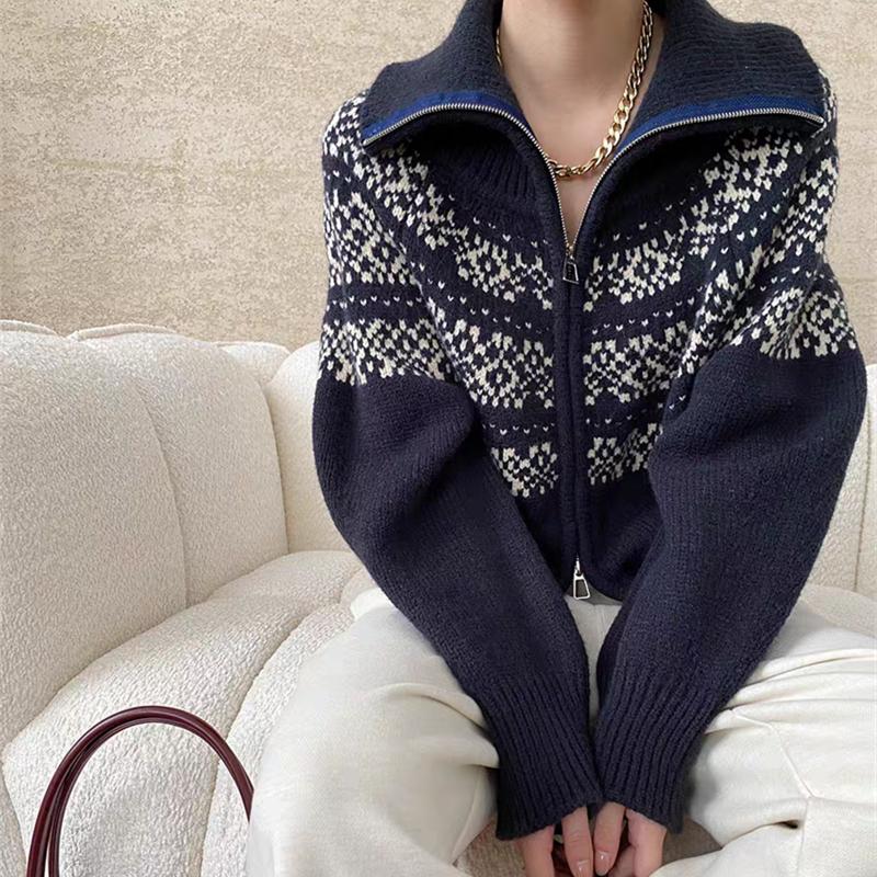 Retro Lazy Style Lapel Elegant Jacquard Ladies Cardigan, Loose Fashion Ladies Zipper Sweater Jacket 7054#