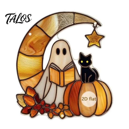 Vintage Window Pendant Halloween 2D Acrylic Decoration with Chain, Bell, Stained Glass Ghost Bat Bell Pumpkin Suncatcher Decor, Wall Hanging Ornament