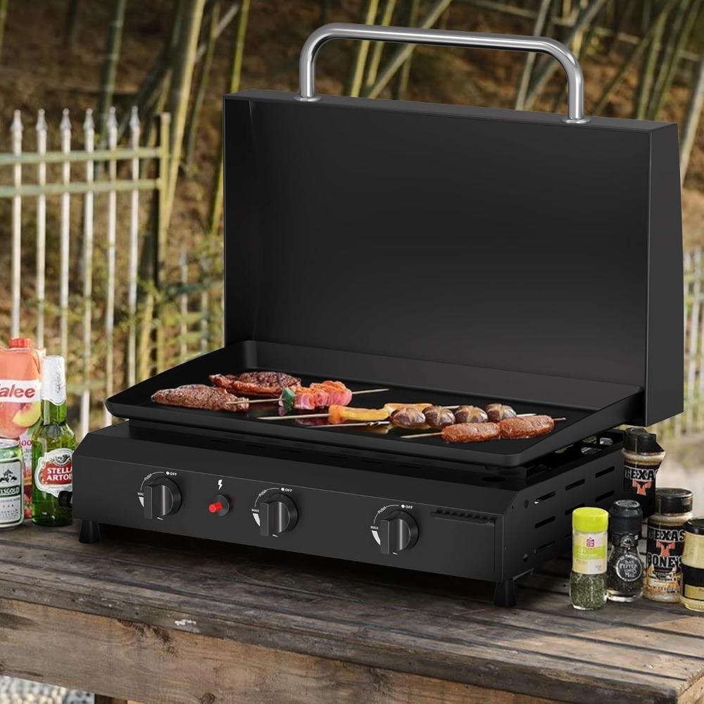 3 Burner Gas Griddle with Hood- 23.3 Inch Outdoor Propane Griddle-45000 BTU Propane Fuelled, Portable Flat Top Gas Grill