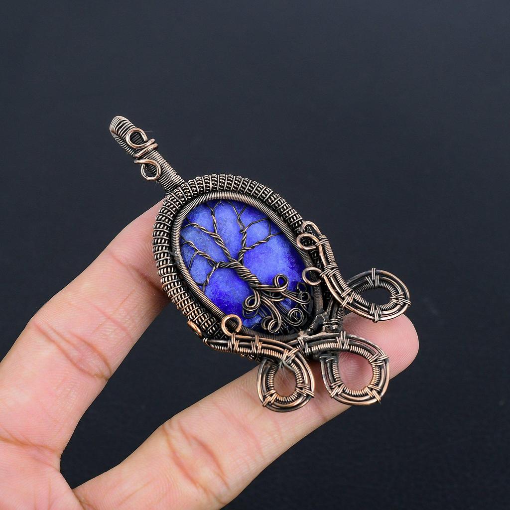 Blue Sapphire Pendant, Handmade Gemstone Pendant, 999 Copper Wire Wrapped Pendant Antique Jewelry, For Engagement Gift