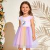 Summer New Arrival Girls' Dress Unicorn Print Children's Tulle Skirt Knitted Cotton Short-Sleeved Princess Dress for Younger Children