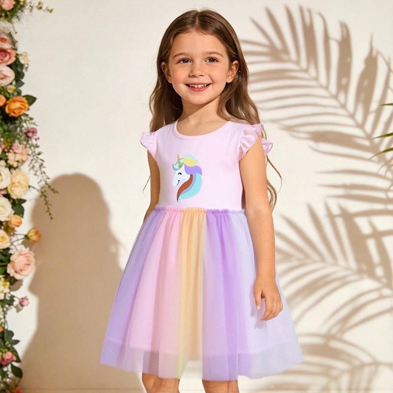 Summer New Arrival Girls' Dress Unicorn Print Children's Tulle Skirt Knitted Cotton Short-Sleeved Princess Dress for Younger Children