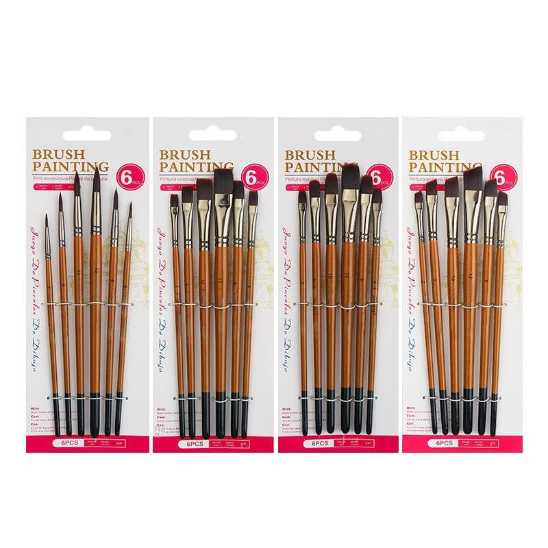 6 Pcs Set Wood Short Pole Wine Red Nylon Hair Watercolor Painting Brush 4 Kinds of Pen Point Optional Oil Paint Pen Art Supplies