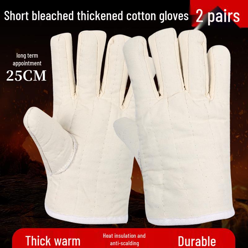 White Heat-Resistant Cotton Gloves: Anti-Scald, High-Temperature Protection, Five-Finger Design, Thickened for Kitchen and Winter Use.