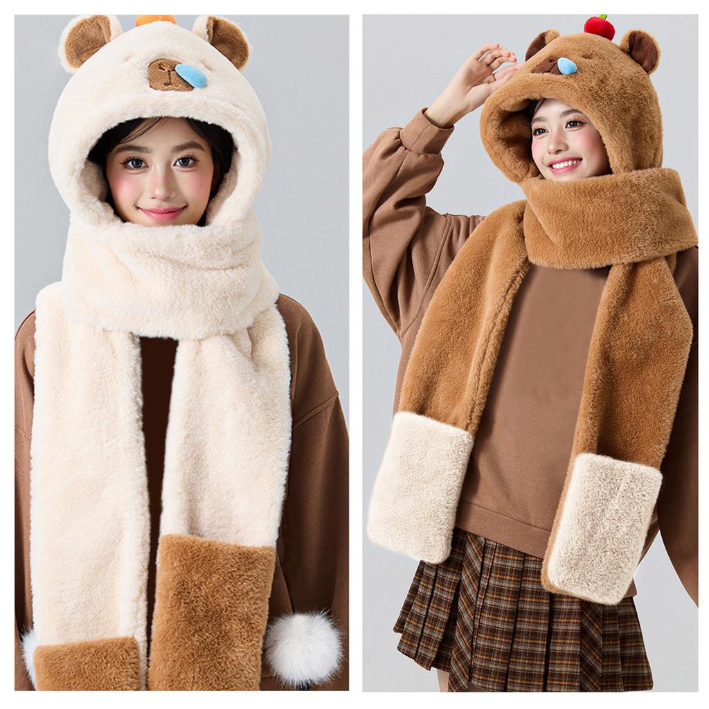 Furry Cartoon Head Cover with Scarf Gloves Set Thicken Furry Hat Oversized Headgear Hat for Winter Commute