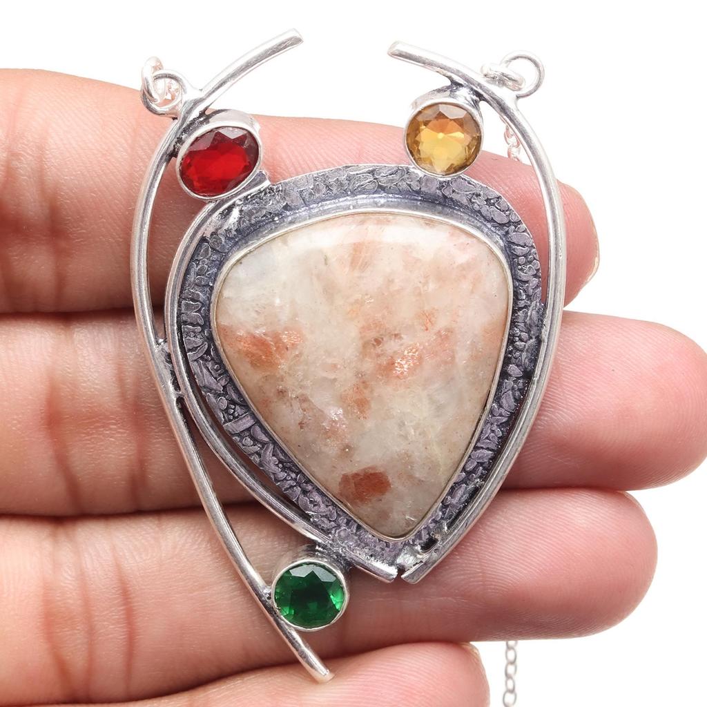 Sunstone Citrine Gemstone Mother's Day Antique Silver Jewelry Necklace 20 In