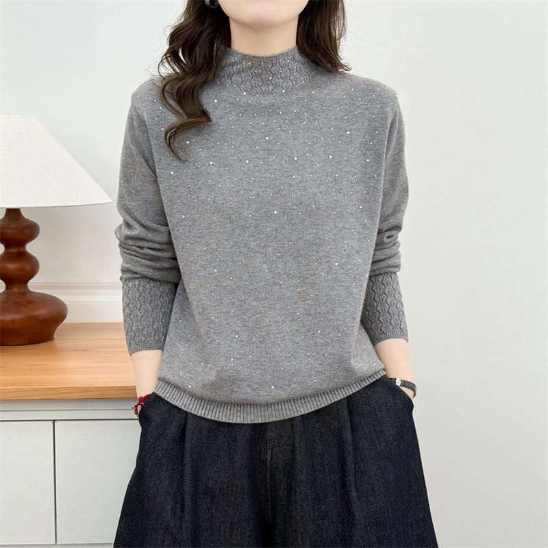 2026 Spring Plus Size Women s Rhinestone Jacquard Sweater - Long Sleeve Stand Collar Knitwear XL серый