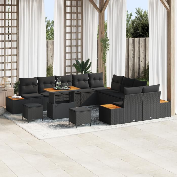 Ensemble de 13 pièces de canapé de jardin avec coussins, noir, poly rotin, acacia 3364924