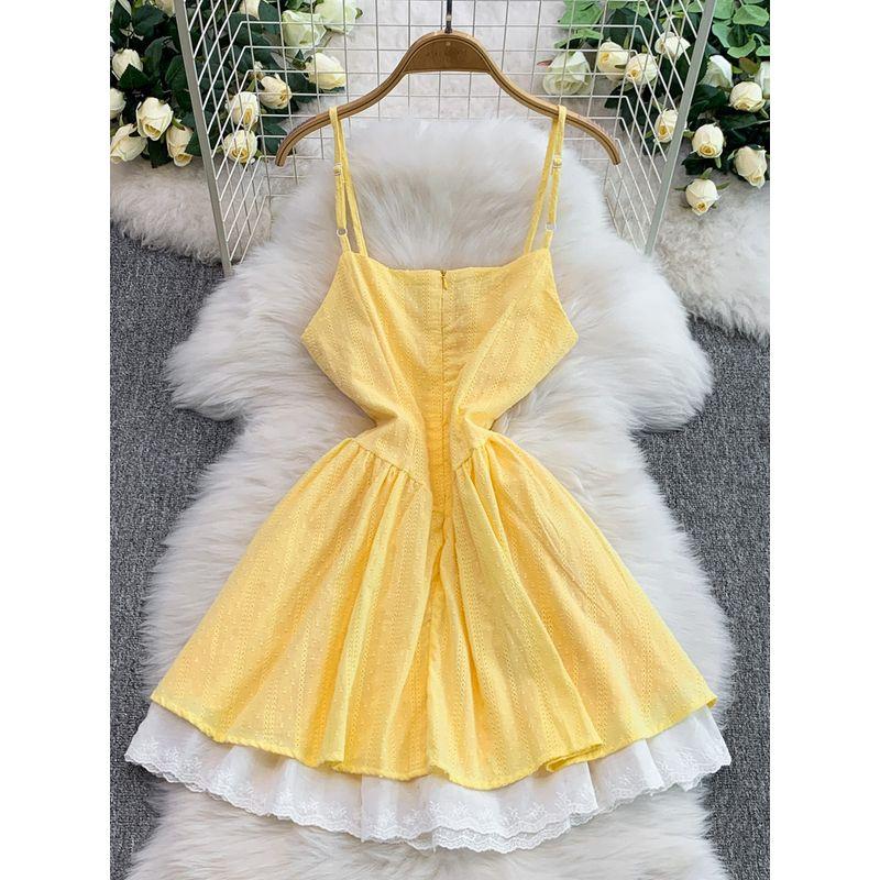 French style Pure Desire Lace-up V-neck Sling Dress Women Summer New Lace Embroidery Waist Slimming Cake Skirts