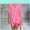 Abito Estivo in Cotone e Lino da Donna con Scollo a V e Collo Semiaperto Stile Casual A-line