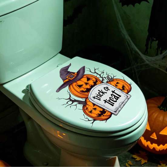 Halloween Theme Home Accents Pumpkin Toilet Cover Sticker, Spooky Trick or Treat Retro Bathroom Stickers Lid Decals, Self Adhesive Wall Decoration for