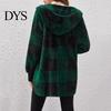 Cardigan Sweater Winter Coat Plaid Print Hooded Thick Windproof Open Stitch Knit Outerwear Mid Length Fuzzy Plush Jacket for School Travel Fall