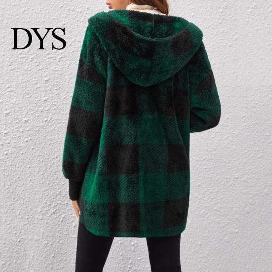 Cardigan Sweater Winter Coat Plaid Print Hooded Thick Windproof Open Stitch Knit Outerwear Mid Length Fuzzy Plush Jacket for School Travel Fall