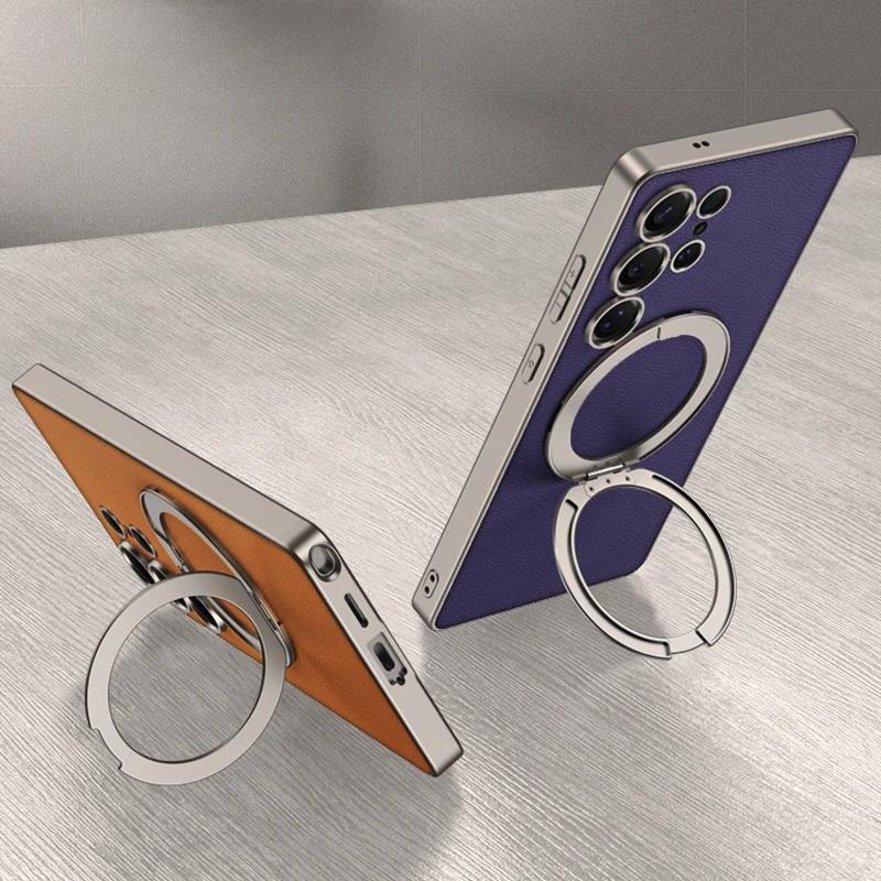 Magnetic Rotating Bracket Phone Case for Samsung Galaxy S25 Ultra Electroplate Leather Holder Shockproof Protective Cover