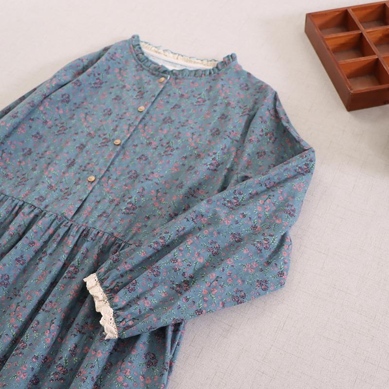 Vintage Floral Long Sleeve Dress, Women Casual Lace Hem Loose Swing Dress, Spring Elegant Slim Long Dress