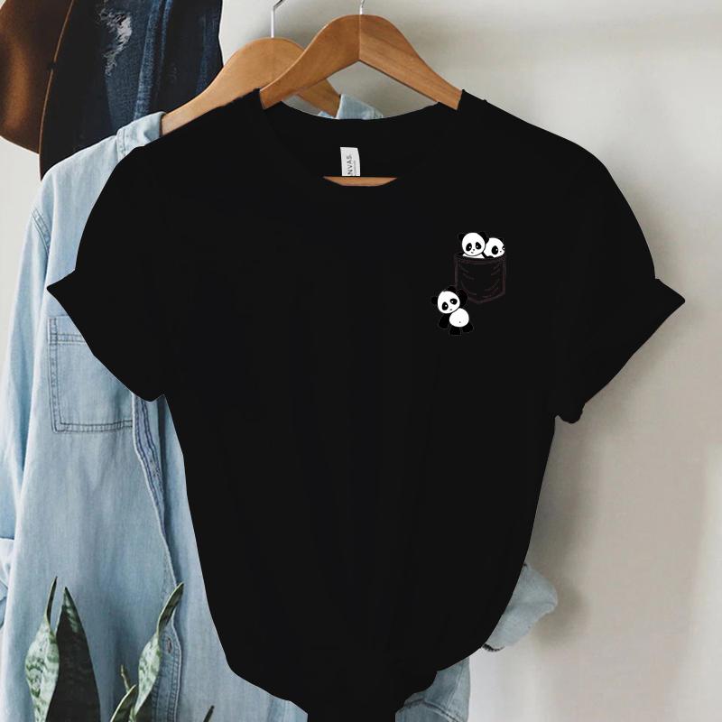 New Women Short Sleeve Top Summer New Pocket Panda Cartoon Printed T-shirt Korean Fashion Women Tops Loose Round Neck T Shirt