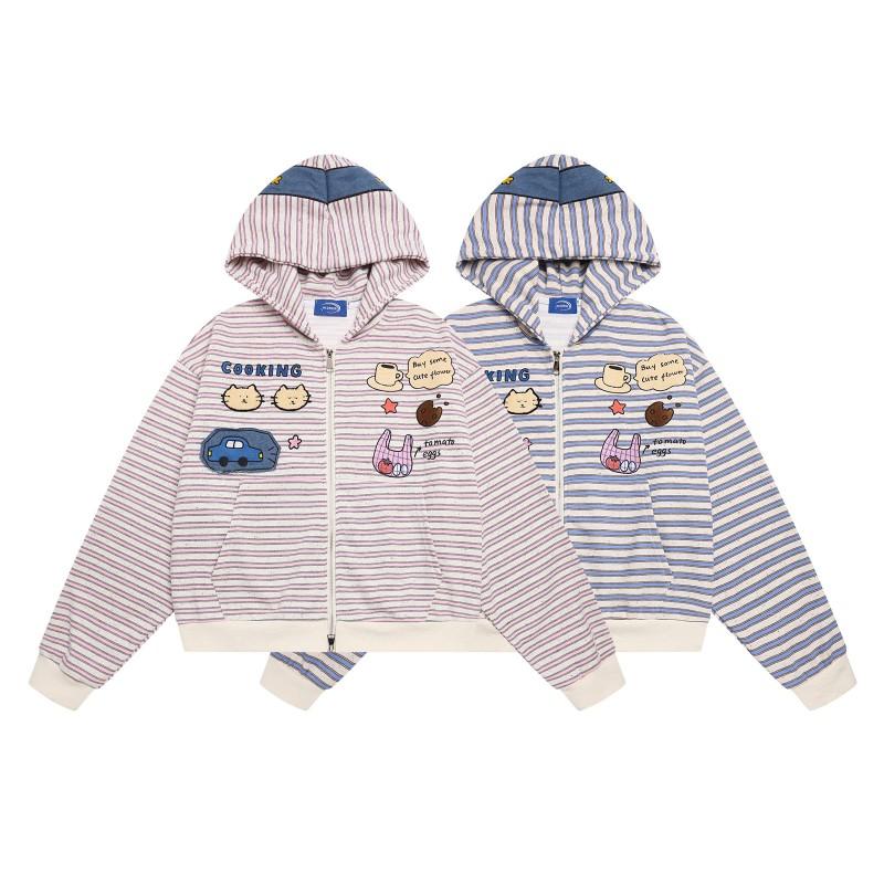 American Style Cartoon Embroidered Striped Hooded Zip Sweatshirt Loose Fit Couples Men Women Fall