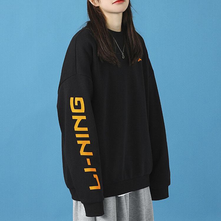 Li Ning Plain Letter Print Fleece Crewneck Sweatshirt Men Sweatshirt Black AWDS469-1