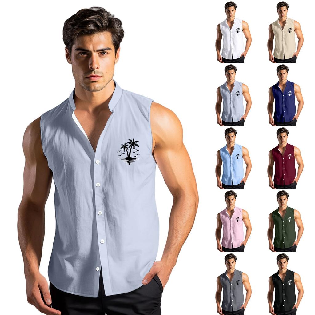 Men's Fashion Printed Sleeveless Lapel Button-Down Shirt Vest Top