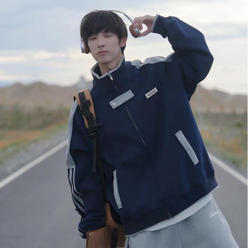 

Men s American Style Spliced Stand-Collar Baseball Jacket XL