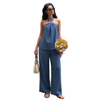 Women Textured Linen Blend 2 Piece Metal Buckle Halter Neck Tank Top Wide Leg Pants Set Street Vacation Outfits