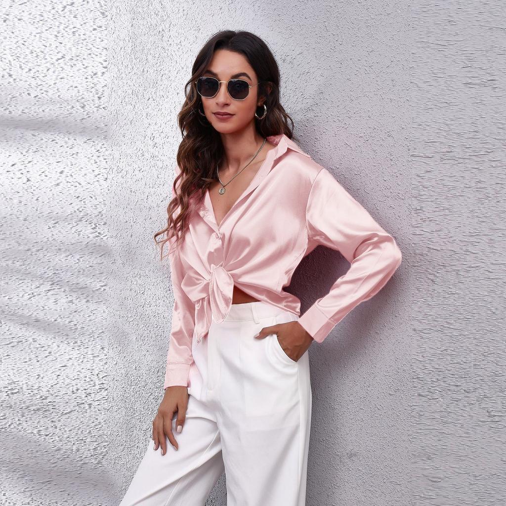 . Real Shot, Satin Shirt, Women's Satin Imitation Silk Long-sleeved Shirt, New European and American Women's Clothing