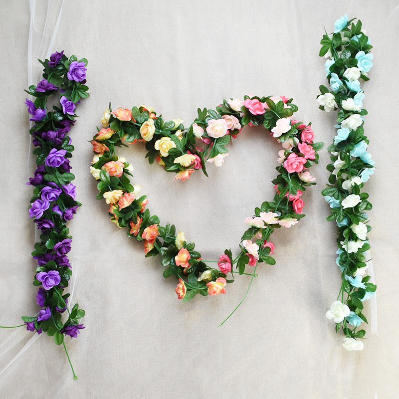 2.4m Artificial Silk Roses Flowers Rattan String Vine with Green Leaves For Wedding Home Garden Decor Hanging Garland
