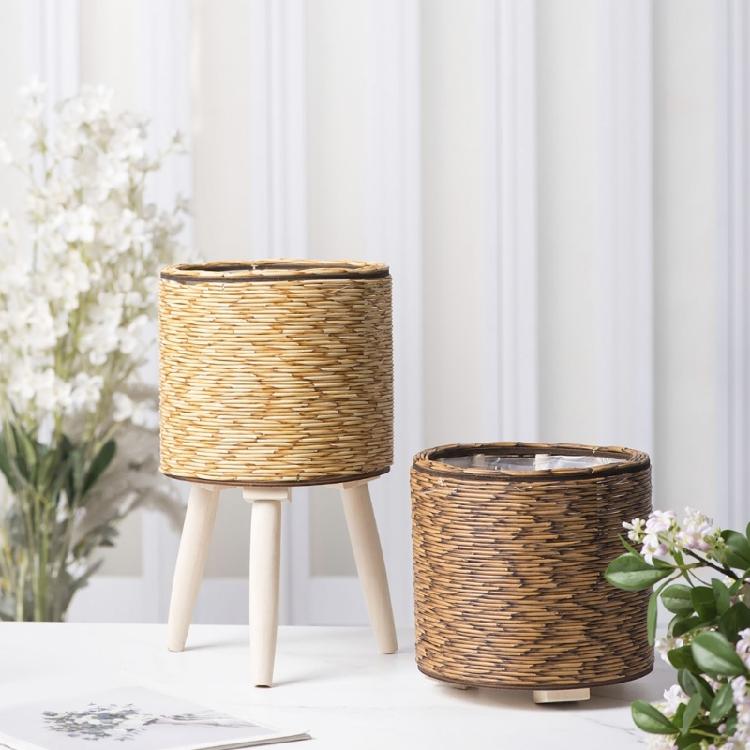 Handcrafted Yellow Rattan Plant Stand Durable And Portable Holder For Showcasing Green In Homes Offices Or Patios