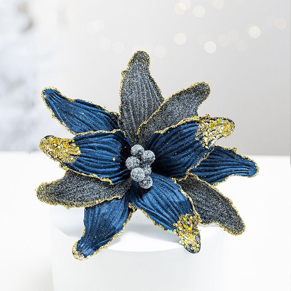 Faux Velvet Artificial Christmas Flower with Glitter Vibrant Color Poinsettia Flower Decor 26cm DIY Flower Hanging Ornaments